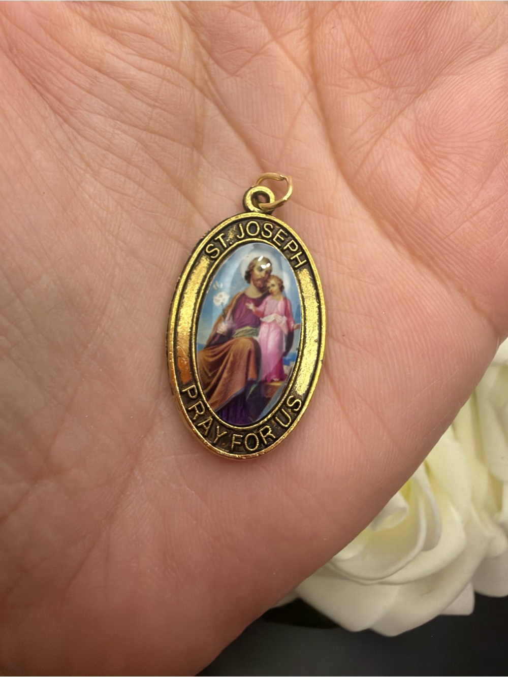 Gold St. Joseph Religious Medal Pendant - Pink & Purple Accent